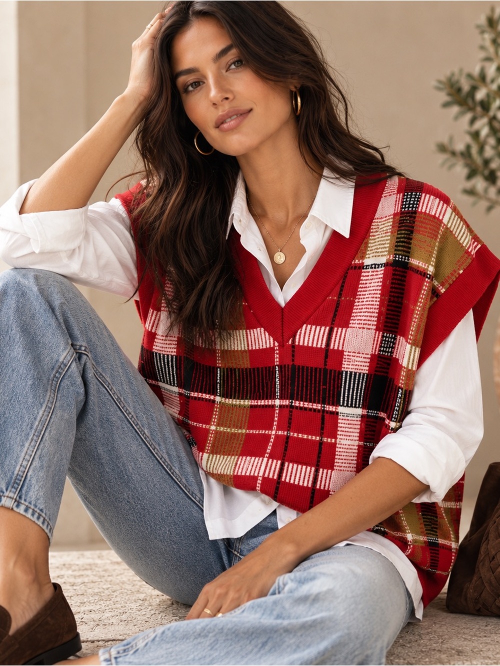 Callahan Mathilde Oversized Plaid Sweater Vest Red V Neck Size M